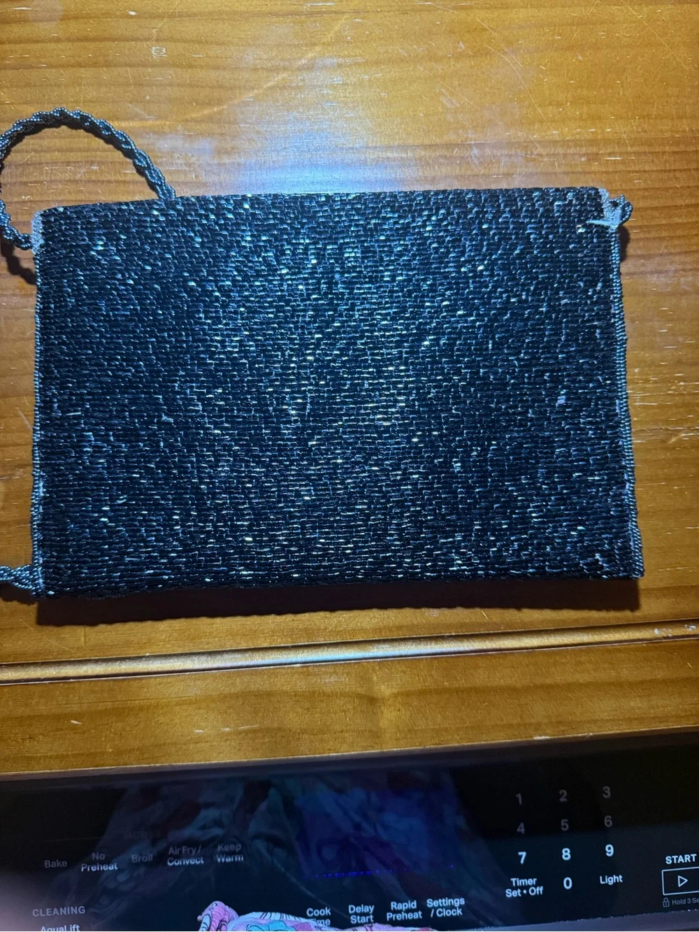 Vintage Regale Black Beaded Evening Bag w/ Red & Silver Beadwork, Satin Interior